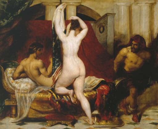 Candaules, rey de Lidia, muestra a su mujer escondiendo a Giges, uno de sus ministros, mientras se va a la cama por William Etty